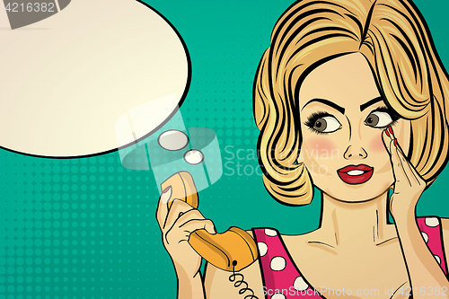 Image of Sexy pop art woman talking on a retro phone