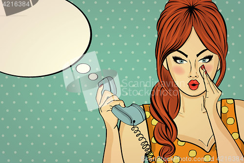 Image of Sexy pop art woman talking on a retro phone