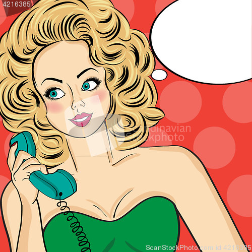 Image of Sexy pop art woman in party dress talking on a retro phone and s