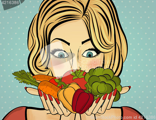 Image of Sexy blonde woman with many vegetables in his hands