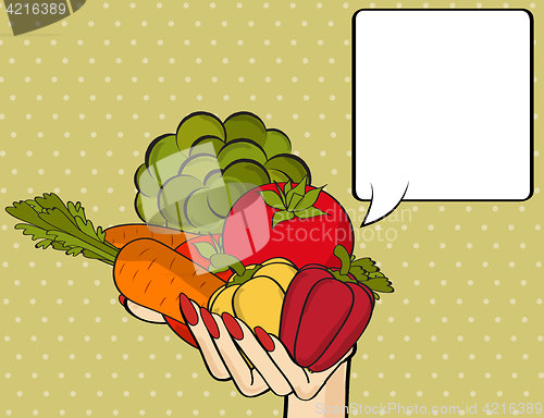 Image of Woman hand with many vegetables