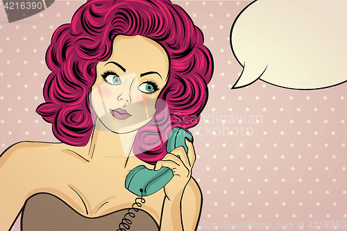 Image of Sexy pop art woman in party dress talking on a retro phone and s