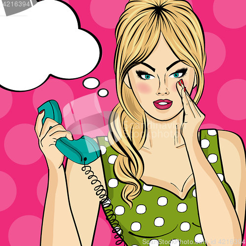 Image of Sexy pop art woman talking on a retro phone