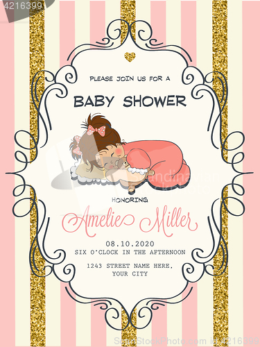 Image of Beautiful baby shower card template with golden glittering detai