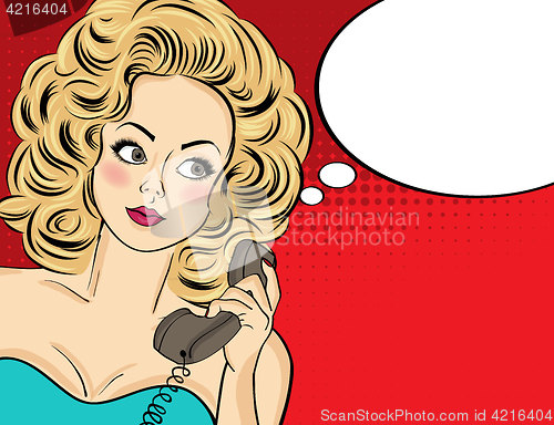 Image of Sexy pop art woman in party dress talking on a retro phone and s