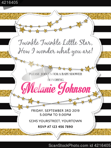 Image of Lovely baby shower card template with golden glittering details