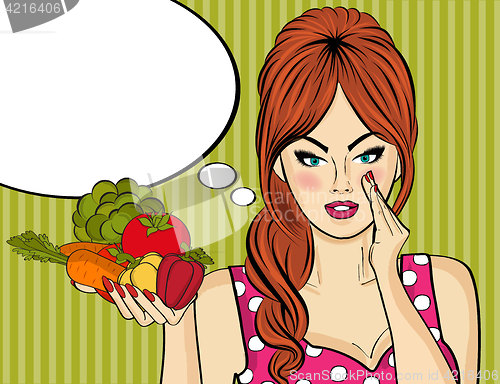 Image of Sexy pop art woman with vegetables in his hand