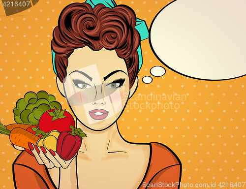 Image of Sexy pop art woman with vegetables in his hand