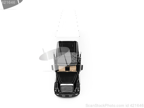 Image of Black semi truck on white background
