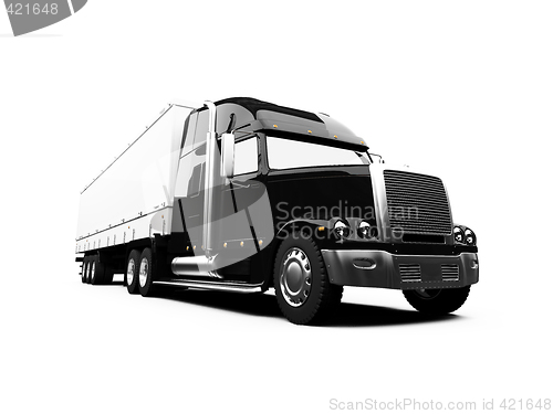 Image of Black semi truck on white background