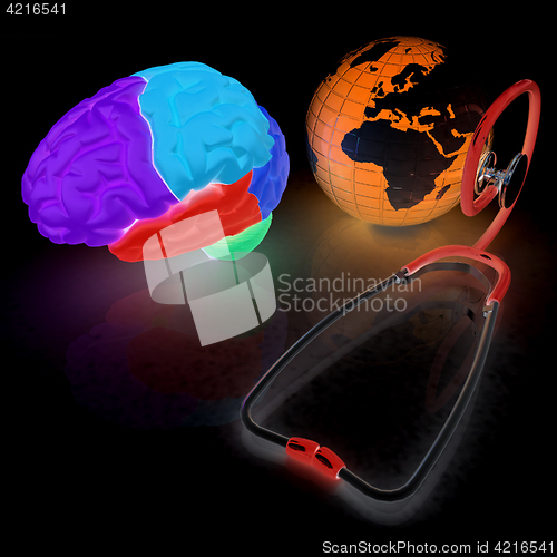 Image of stethoscope, globe, brain - global medical concept. 3d illustrat