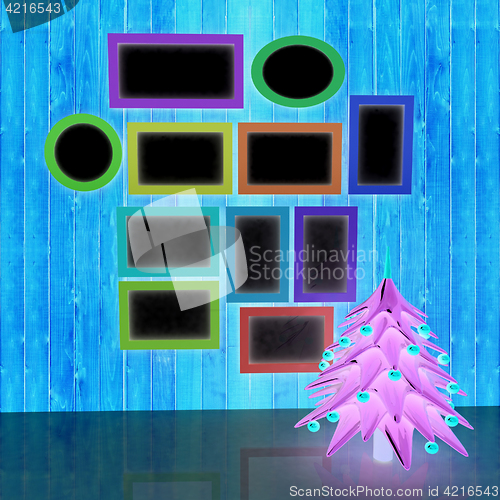 Image of Mock up poster on the wood wall with christmas tree and decorati