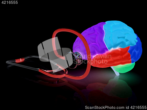 Image of stethoscope and brain. 3d illustration