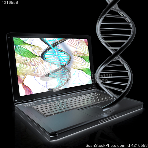 Image of Laptop with dna medical model background on laptop screen. 3d il