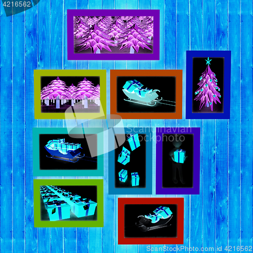 Image of Mock up picture frames on wood wall. 3d illustration