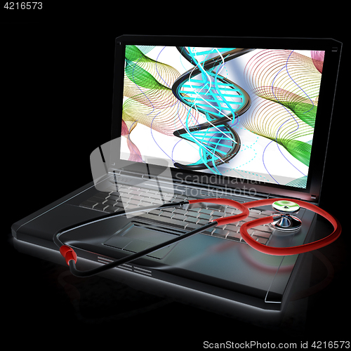 Image of silver laptop diagnosis with stethoscope. 3D illustration