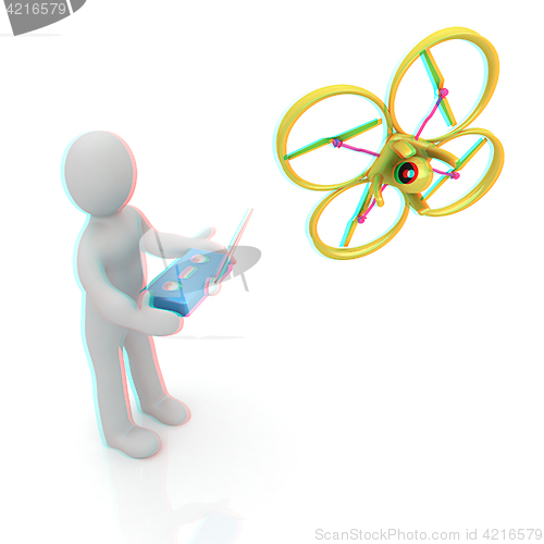 Image of 3d man with drone, quadrocopter, with photo camera. 3d render. 3