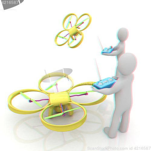 Image of 3d man with drone, quadrocopter, with photo camera. 3d render. 3