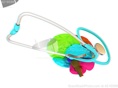 Image of stethoscope and brain. 3d illustration. Anaglyph. View with red/
