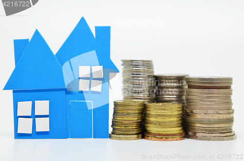 Image of House model and stacks of coins