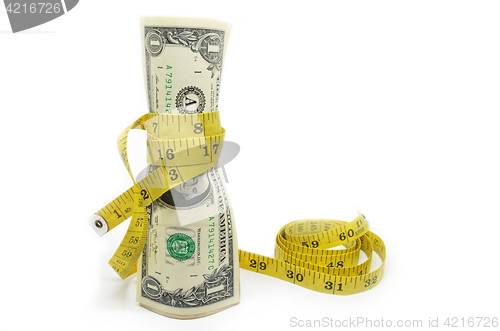 Image of One dollars US money in measuring tape