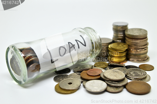 Image of Loan lable in a glass jar with coins spilling out