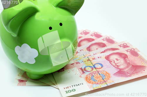 Image of Green piggy bank with China currency