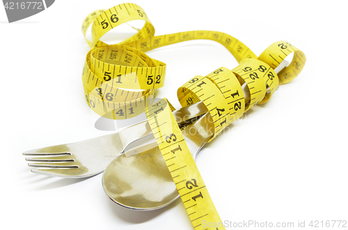 Image of Steel spoon a fork and measuring tape