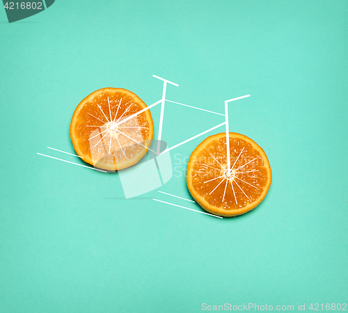 Image of Healthy lifestyle concept - bike with orange wheel