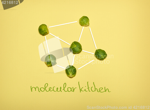 Image of The pop art collage of Chemical molecule structure and fresh Brussels sprouts on yellow