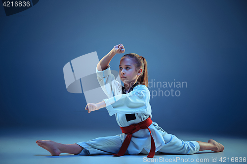 Image of Young girl training karate on blue background