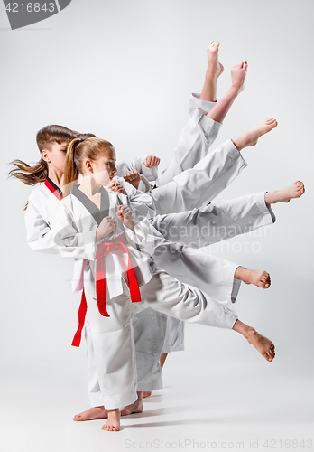 Image of The studio shot of group of kids training karate martial arts