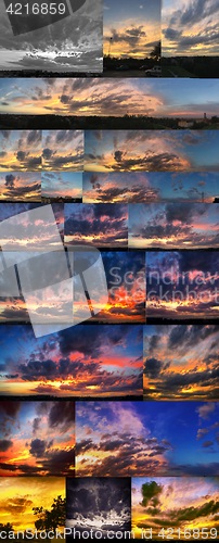 Image of Dramatic sunset like fire in the sky with golden clouds collage