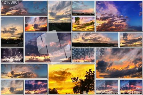 Image of Dramatic sunset like fire in the sky with golden clouds collage