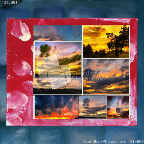 Image of Dramatic sunset like fire in the sky with golden clouds collage