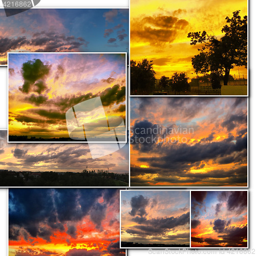 Image of Dramatic sunset like fire in the sky with golden clouds collage