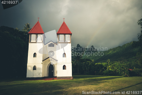 Image of Rainbow on Haapiti church in Moorea island, landscape