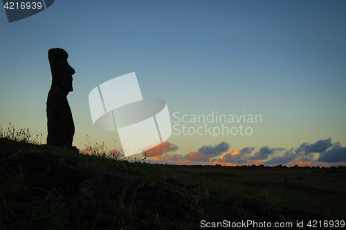 Image of Moai statue ahu akapu at sunset, easter island