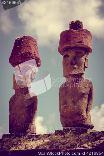 Image of Moais statues site ahu Nao Nao on anakena beach, easter island