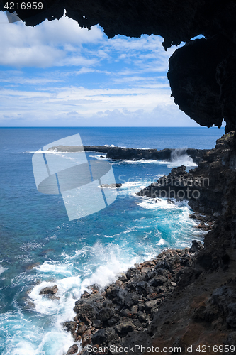 Image of Cliffs and pacific ocean landscape vue from Ana Kakenga cave in 