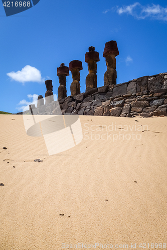 Image of Moais statues site ahu Nao Nao on anakena beach, easter island