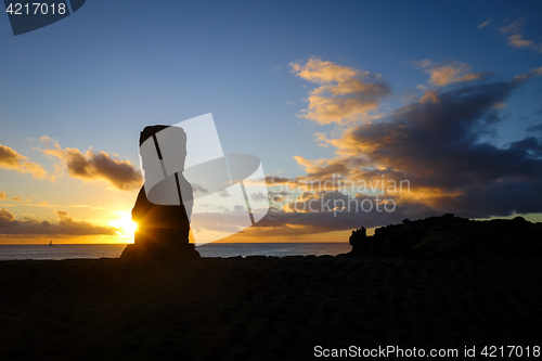 Image of Moai statue ahu akapu at sunset, easter island