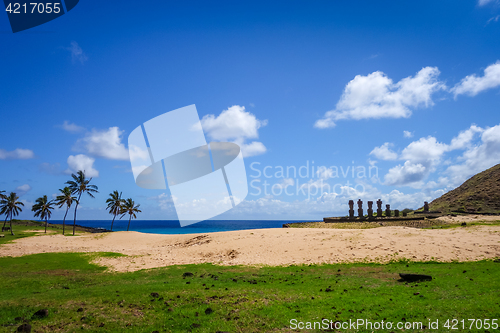 Image of Anakena palm beach and Moais statues site ahu Nao Nao, easter is