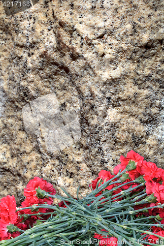 Image of Red carnations on the background of a granite slab.