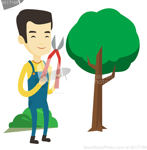 Image of Farmer with pruner in garden vector illustration.