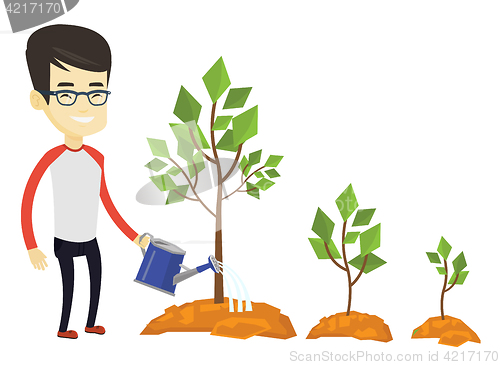 Image of Business man watering trees vector illustration.