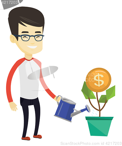 Image of Business man watering money flower.