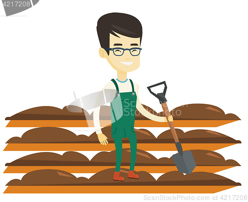 Image of Farmer with shovel at field vector illustration.