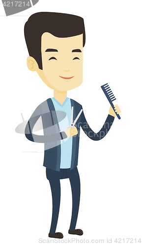 Image of Barber holding comb and scissors in hands.