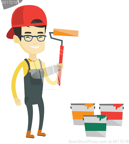 Image of Painter holding paint roller vector illustration.